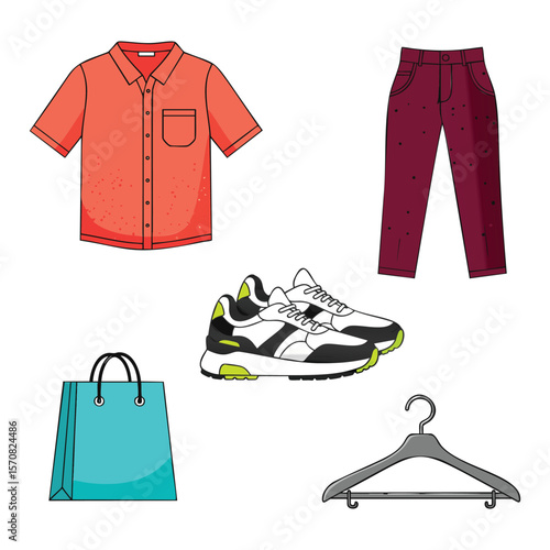Casual outfit collection featuring orange shirt maroon pants sneakers shopping bag and hanger