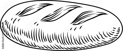 Vintage woodcut style drawing of an artisan bread loaf. Ideal for bakery branding, packaging, menus, or food themed graphic design with a traditional feel.