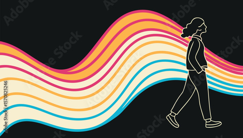 Abstract Wavy Lines Pattern with a Silhouette of a Person Walking Forward Towards a Bright Future Representing Hope and Progress