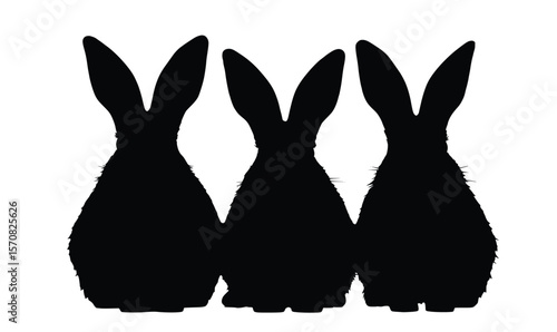 Three Black Bunny Silhouettes from Behind on White Background