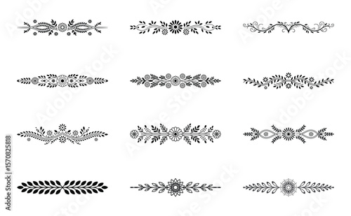 Collection of twelve ornate floral decorative borders and dividers isolated on white background