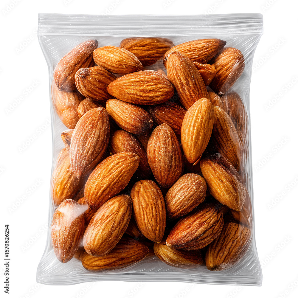 Fototapeta premium Fresh almonds in a plastic bag healthy snack food ingredient concept isolated on transprint background