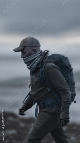 Wallpaper Mural Explorer treks along the rugged coastline during a cloudy day, facing strong winds and cold temperatures while carrying a heavy backpack Torontodigital.ca