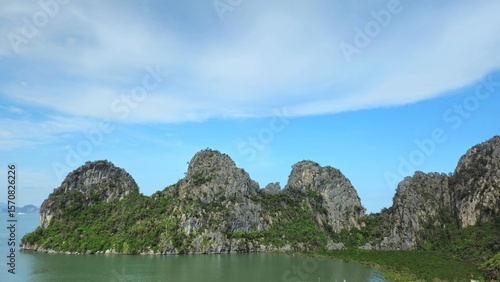 Steep limestone cliff covered with patches of green vegetation and rugged rock formations of Ha Long Bay, Vietnam.	
