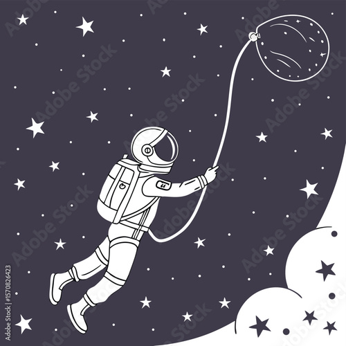 Astronaut's Cosmic Voyage: A lone astronaut soars through the inky expanse, tethered to a celestial balloon that mirrors the distant moon.