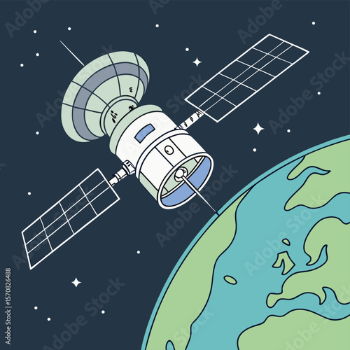 Orbiting Sentinel: An illustrated spacecraft, a sentinel of technological advancement, orbits Earth, symbolizing space exploration and global connectivity.