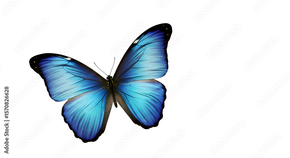 Fototapeta premium Blue Morpho Butterfly Soars, Wings Spread Wide on Transparent Background