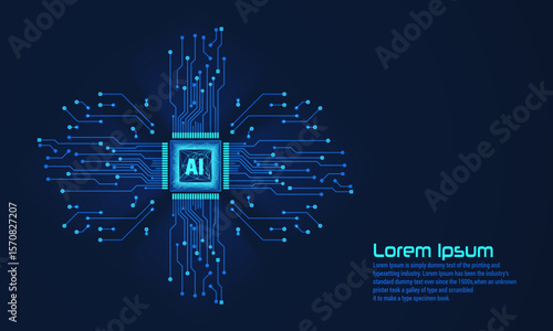 Futuristic AI chip at the center of a glowing digital circuit board, symbolizing advanced technology and artificial intelligence integration.Low-poly wireframe vector illustration.
