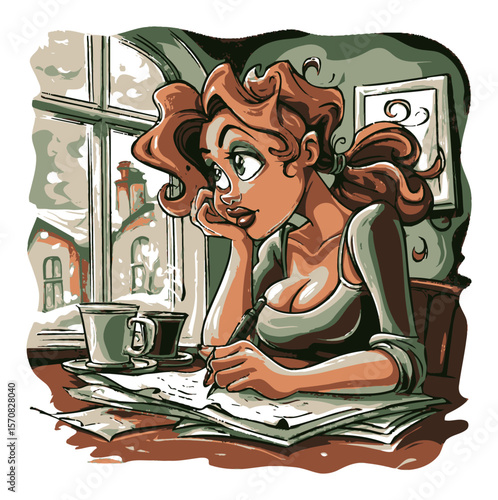 Thoughtful Cartoon Woman Writing at a Cozy Cafe Table by the Window