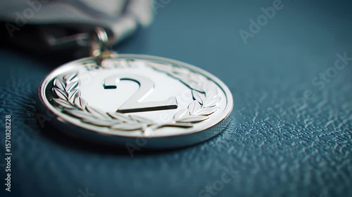 Second Place Silver Medal Depicting Achievement on Textured Blue Backdrop