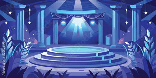 Elegant stage with blue lighting and foliage columns