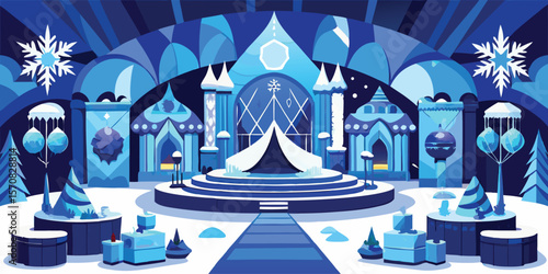 Frozen palace stage with ice sculptures and snowflakes