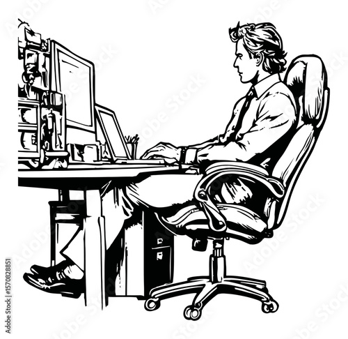Hand-Drawn Illustration of Man Working at Desk with Computer and Office Chair