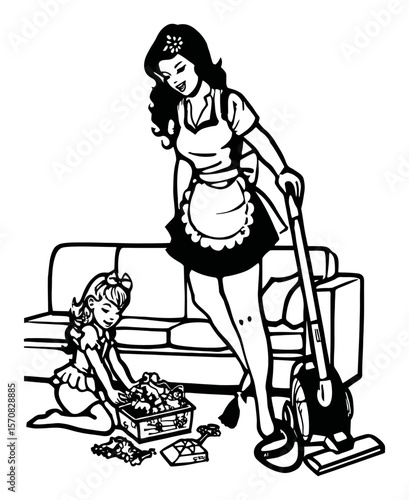 Charming Hand-Drawn Scene of Mother and Daughter Engaging in Housework
