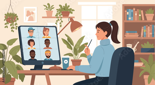 Woman Attending Online Video Conference Meeting from Home Office with Diverse Group