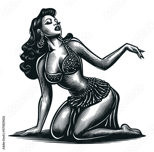 Vintage Style Hand Drawn Illustration of a Glamorous Dancer in Pose