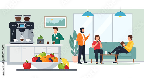 Office Break Room Scene with Employees Relaxing and Socializing