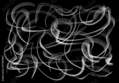 Pinceladas blancas difusas sobre fondo negro.. Humo. Tabaco. Poster con humarreda