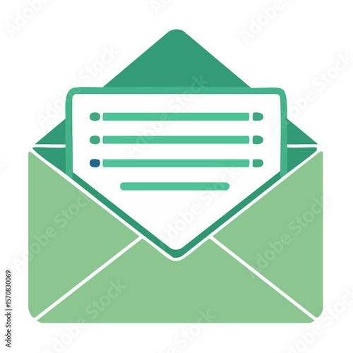 Open green envelope containing white paper with lines symbolizing a message email notification