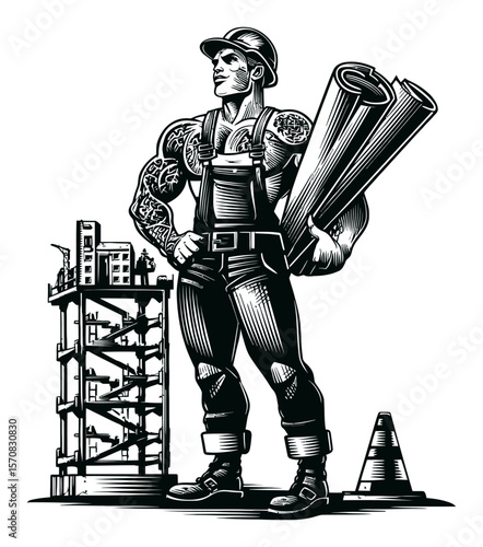 Strong Construction Worker Holding Blueprints in Black and White Vector Art