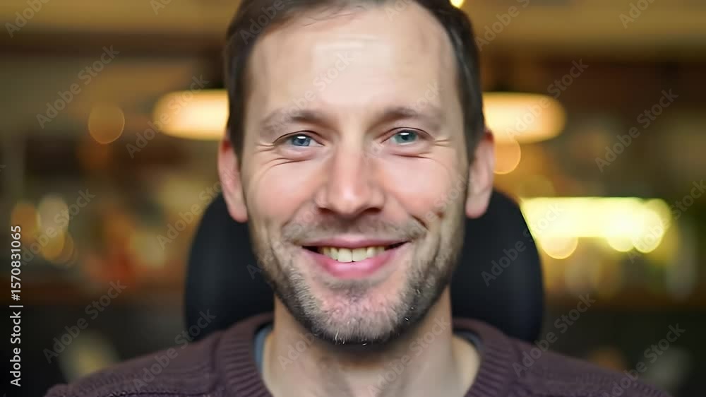 Cheerful Man in Brown Sweater Smiling Directly at the Camera with Bokeh Lights in the Background Cheerful Man in Brown Sweater Smiling Directly at the Camera with Bokeh Lights in the Background