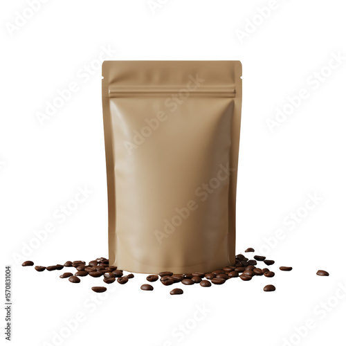 Brown kraft coffee pouch with coffee beans for eco-friendly food packaging or branding design, isolated on a transparent background, png, cutout