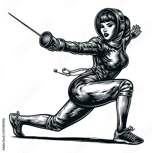 Female Fencer in Motion: Hand-Drawn Vector Illustration of Dynamic Athlete