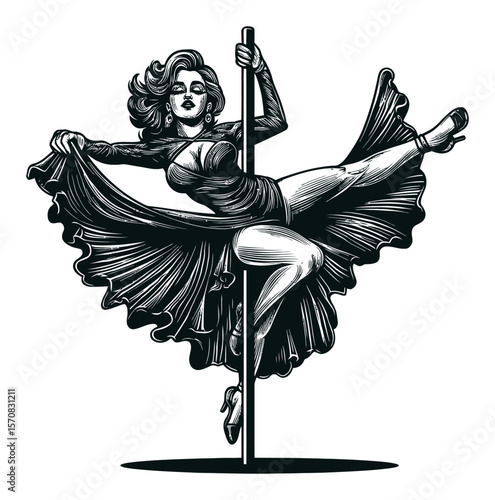 Elegant Woman Performing Dance on Pole in Vintage Hand-Drawn Style