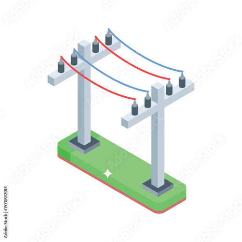 Trendy isometric style icon of transmission pole with wires