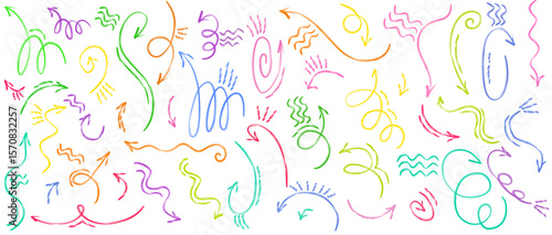 Colorful doodle arrows and sketch lines for educational infographics and school visual aids, isolated vector

