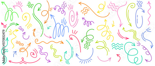 Modern colorful arrows and curly lines for creative design projects, UI/UX elements and brand visuals, vector

