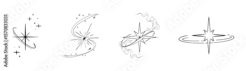 Abstract y2k line star, tattoo aesthetic doodle or sketch. Sparkle swirl silhouette line light, move, trail. Retro space orbit geometric 