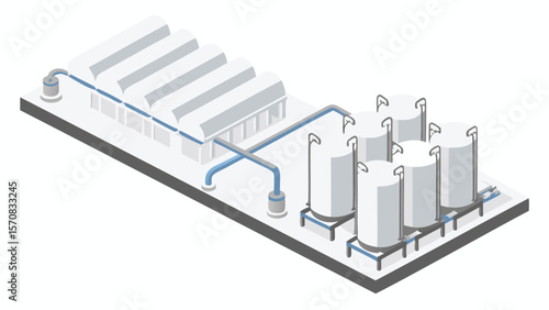 Isometric depiction of a greenhouse connected by pipes to a series of storage tanks on a platform