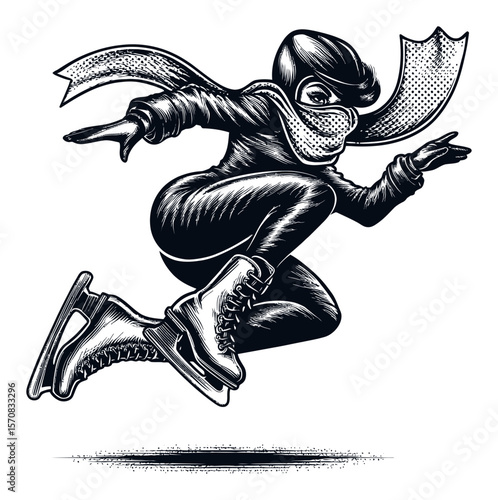 Dynamic Female Ice Skater in Motion with Scarf and Roller Skates Design