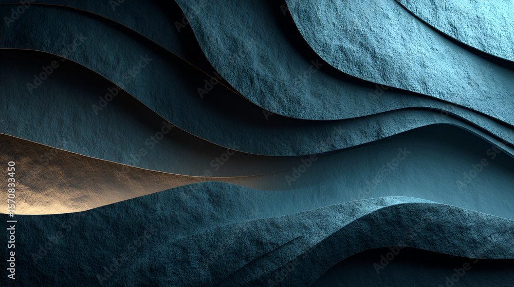 Obraz premium Elegant abstract background featuring flowing wavy layers of textured deep blue and gold surfaces, creating a calming and sophisticated design.
