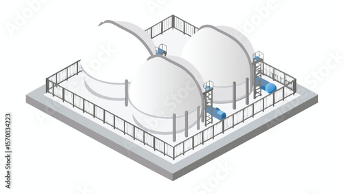 Isometric view of three white storage tanks with blue pipes and a surrounding fence structure