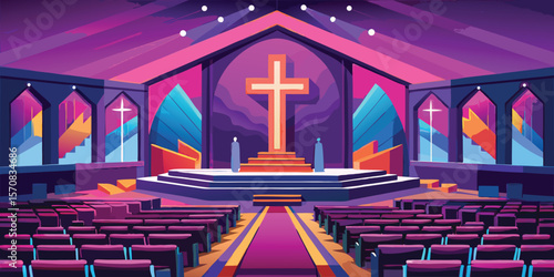 Modern church interior with cross and pews vector