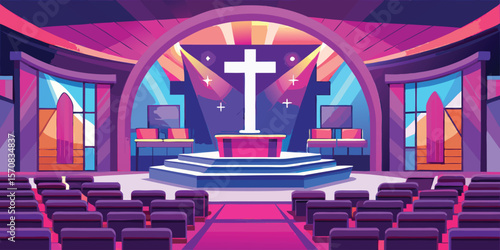 Modern church interior with vibrant purple and pink lighting