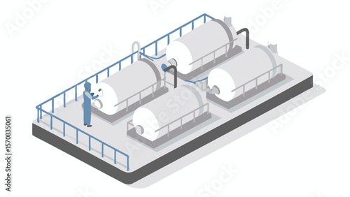 Isometric view of a worker near large white tanks on a platform with blue railings and black pipes