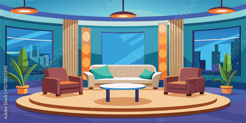 Modern talk show set with city view studio interior