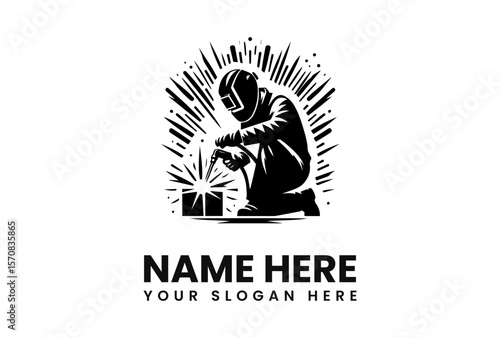 A silhouette of a welder kneeling, working on a metal object, with sparks.