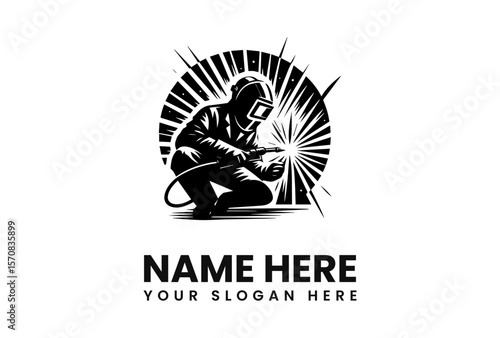 Welder in protective gear crouches while welding, sparks flying, against a sunburst background.