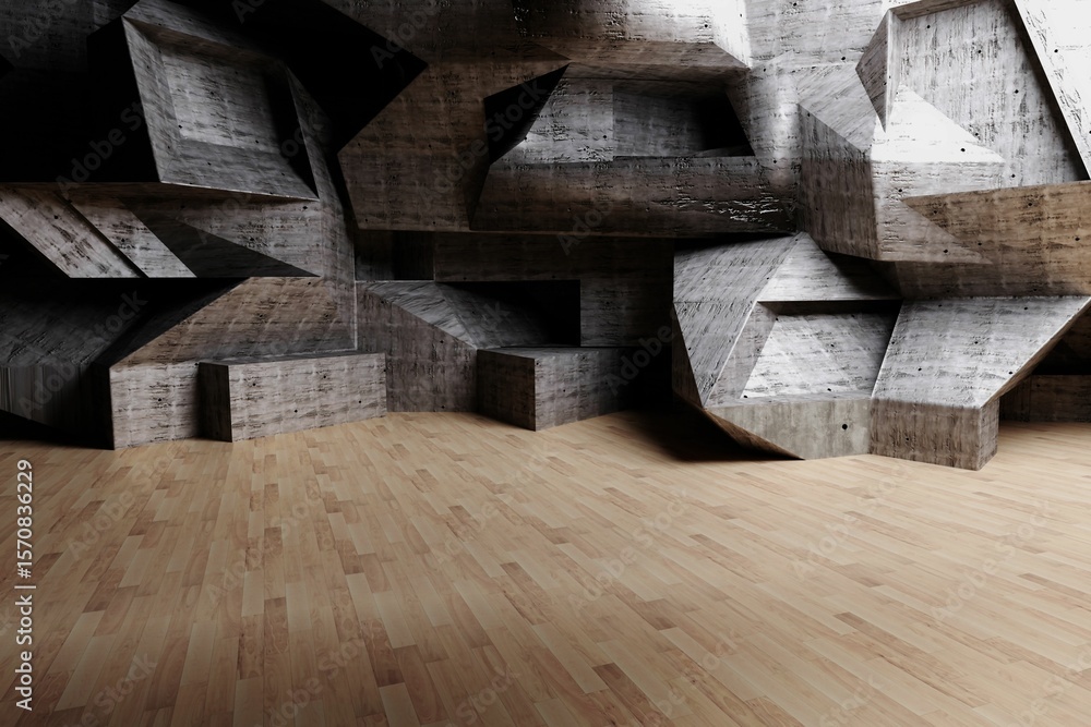 Fototapeta premium 3D render is showcasing gallery interior with sculptural concrete wall, angular niches, wood floor