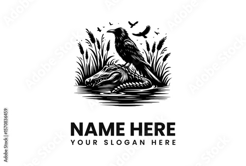 A crow perched atop a submerged alligator, amidst tall grasses and flying birds, forming a striking monochrome logo design.