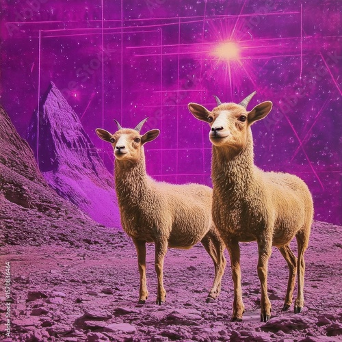 Pixelated Goats on Purple Planet with Pyramids Under Cosmic Sky
