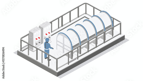 Isometric view of a cleanroom with a worker in a suit and control panels and tunnel structures