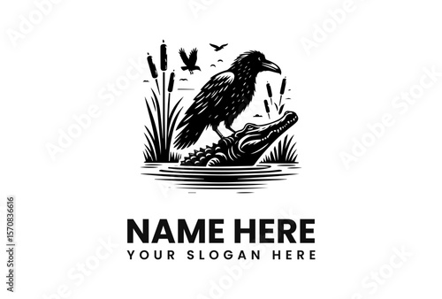 A stylized black and white logo depicting a raven perched atop an alligator.