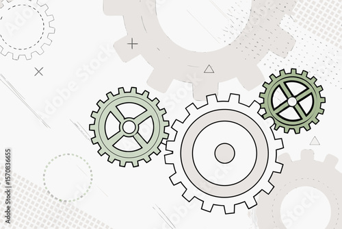 Description: Three interlocking gears, with one larger gear and two smaller ones. The gears are in shades of green and gray, set against a background with abstract geometric shapes and lines.
Symbolis