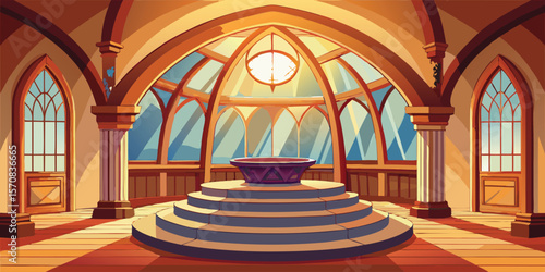 Sunlit ornate interior with vaulted ceiling and circular platform