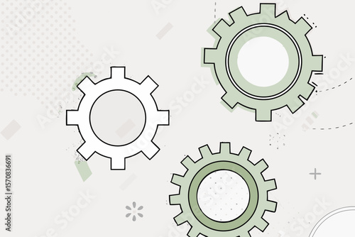 Description: Three interlocking gears, with one larger gear and two smaller ones. The gears are in shades of green and gray, set against a background with abstract geometric shapes and lines.
Symbolis